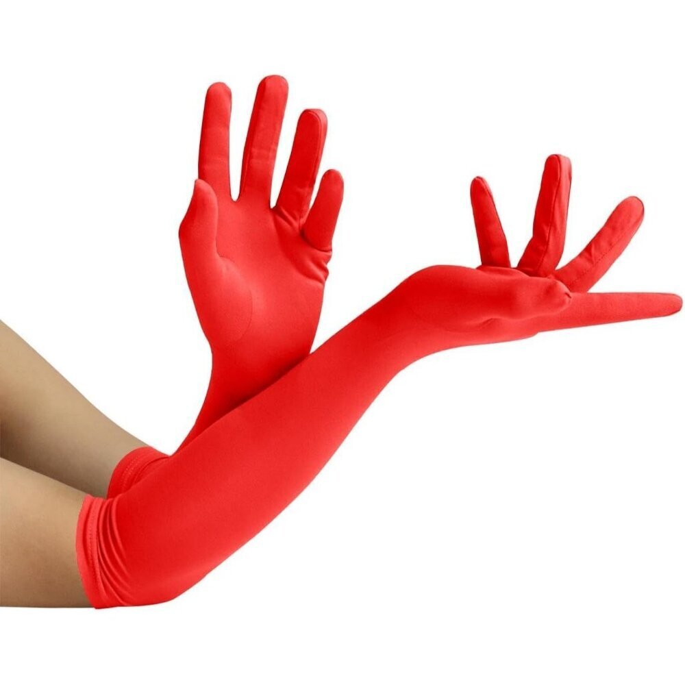 Women's Red Elbow Length Fabric Satin Gloves Halloween Costume Accessories